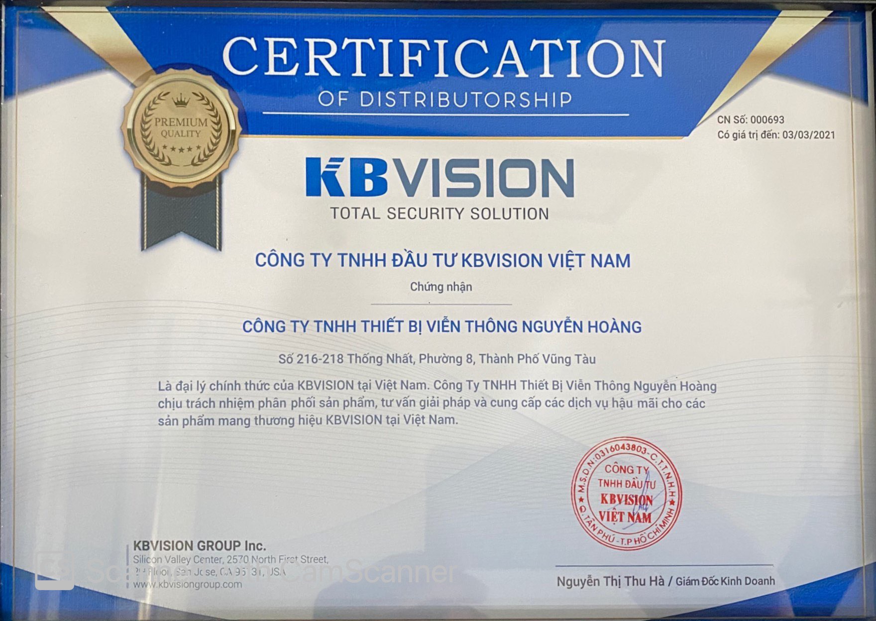 Chứng nhận đại lý phân phối chính hãng Kbvision tại Vũng Tàu 